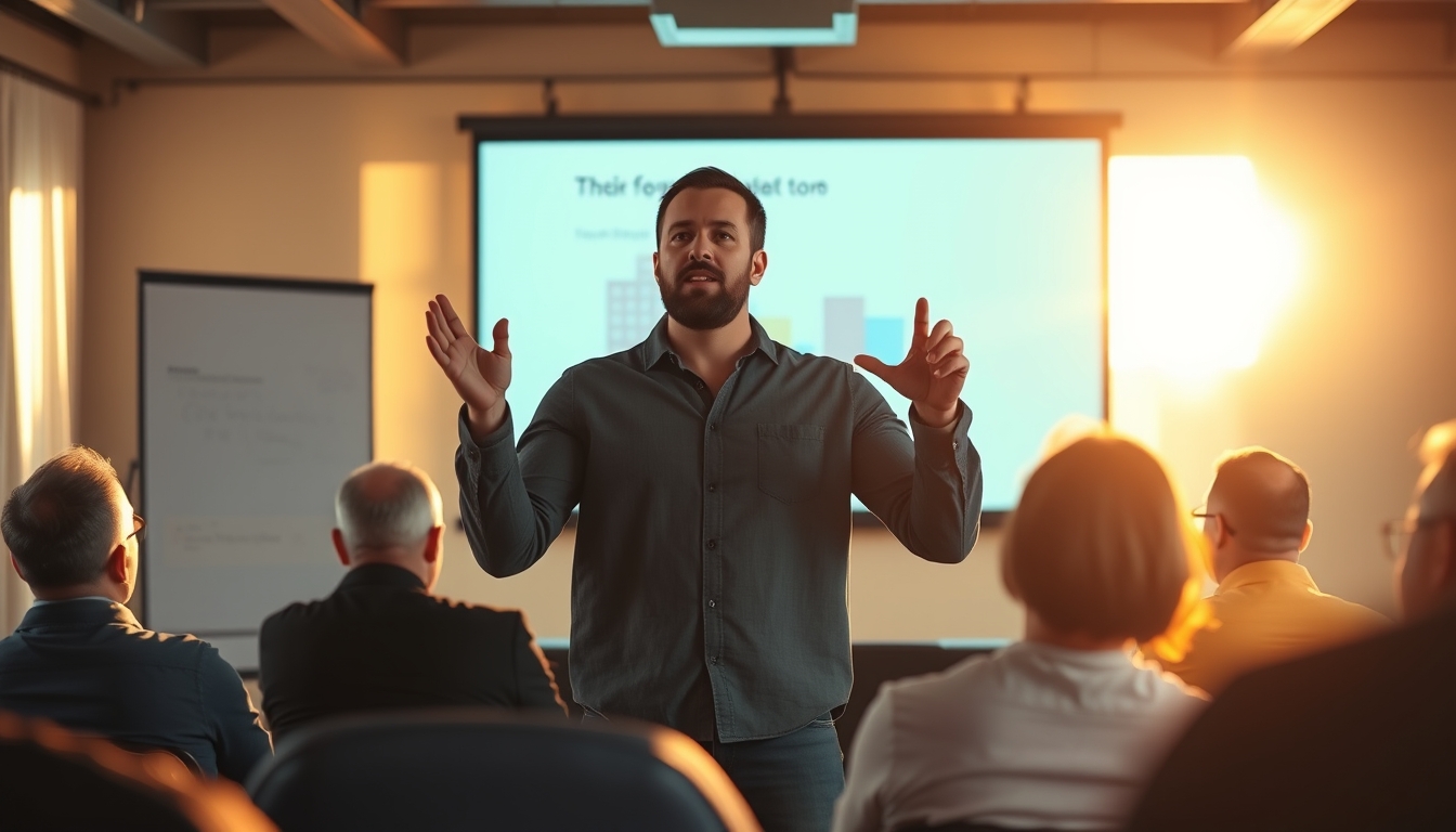 Pitch presentation founder in front of slide deck and investors em estilo editorial