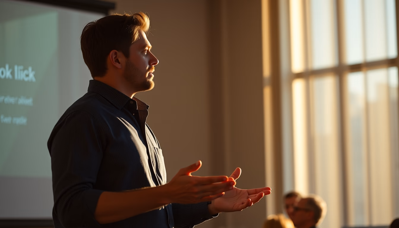 pitch presentation founder in front of slide deck and investors in editorial style