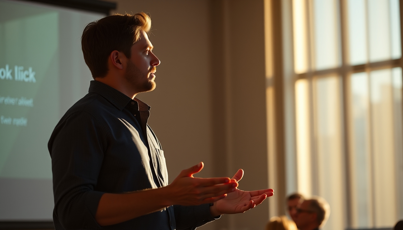 Pitch presentation founder in front of slide deck and investors em estilo editorial