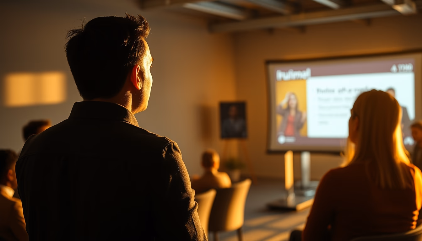 pitch presentation founder in front of slide deck and investors in editorial style