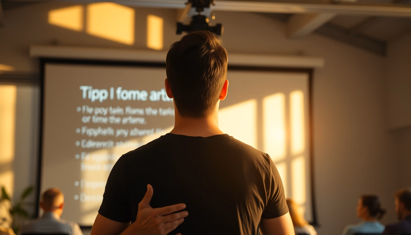 pitch presentation founder in front of slide deck and investors in editorial style