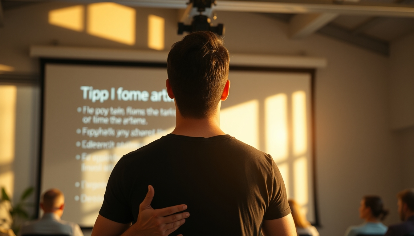 Pitch presentation founder in front of slide deck and investors em estilo editorial