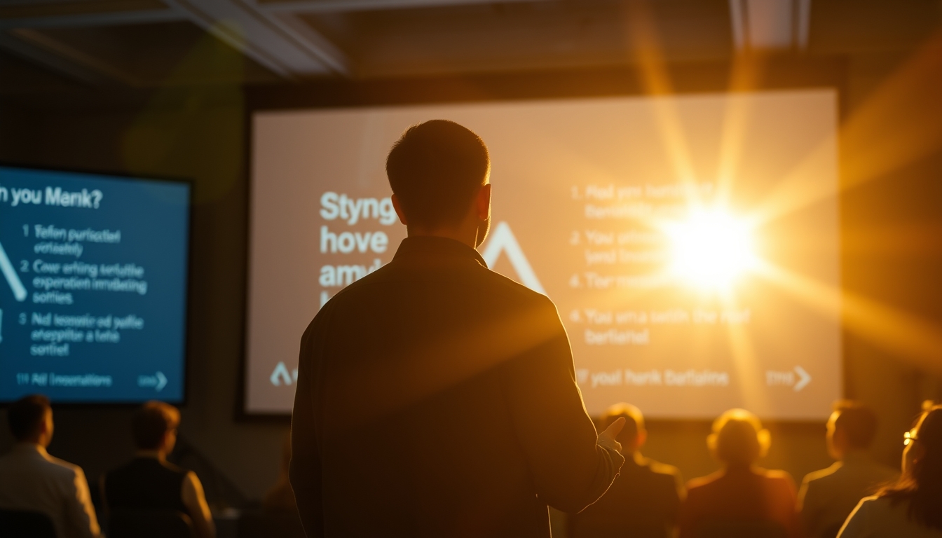 Pitch presentation founder in front of slide deck and investors em estilo editorial