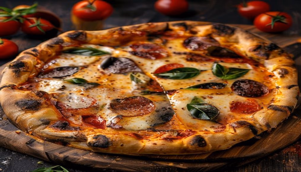 pizza margherita wood fired oven in editorial style