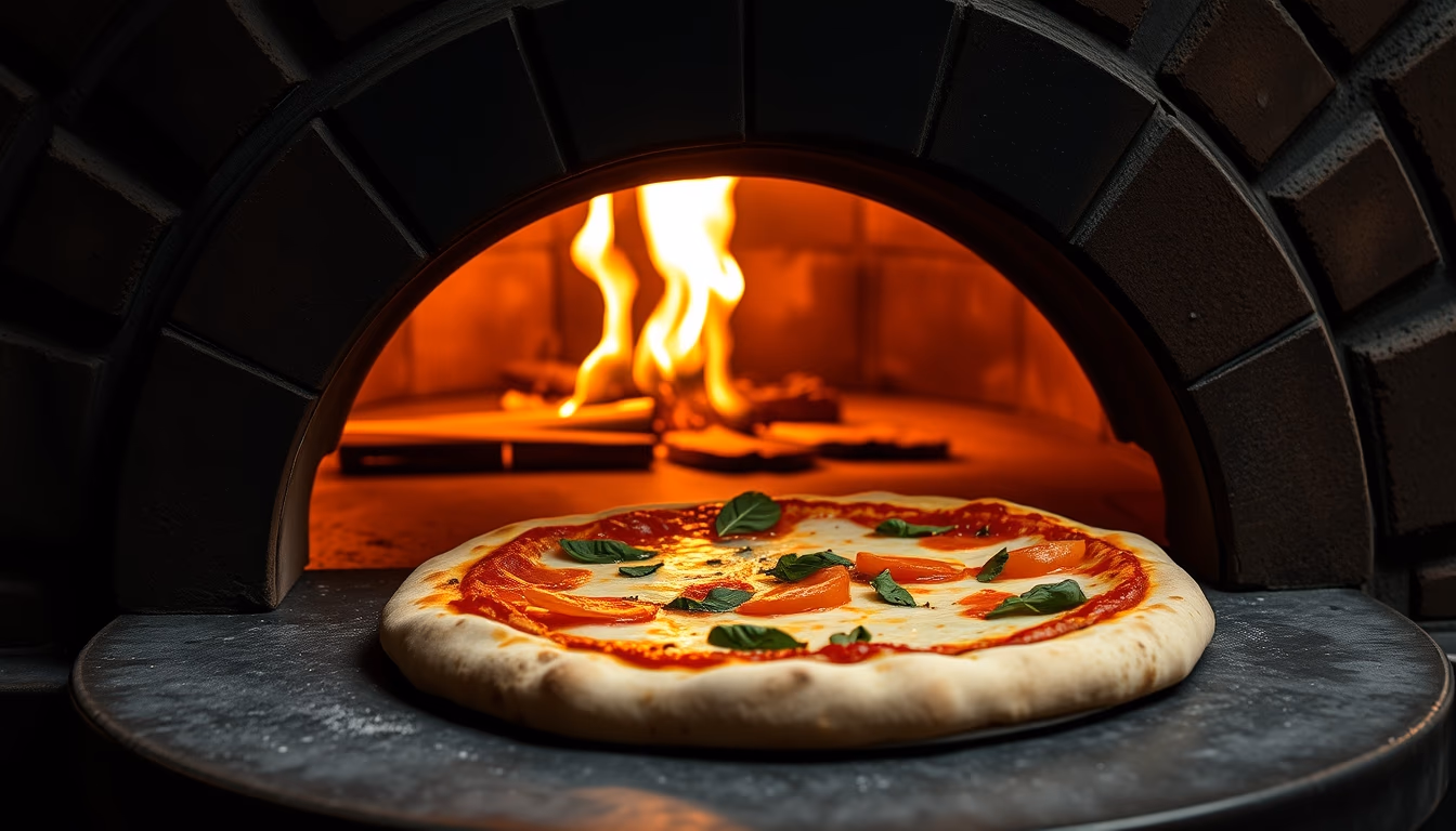pizza margherita wood fired oven in editorial style