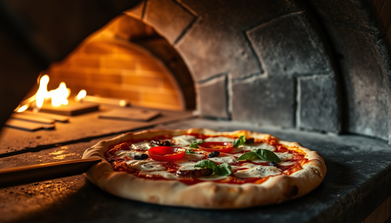 pizza margherita wood fired oven in editorial style