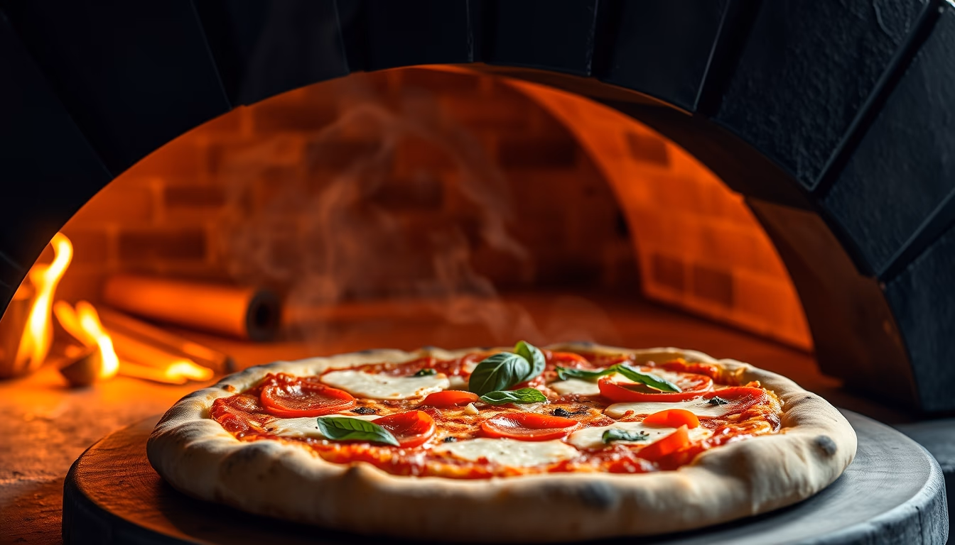 pizza margherita wood fired oven in editorial style