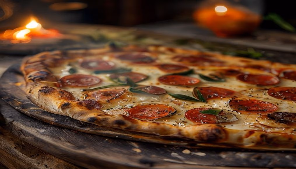 pizza margherita wood fired oven in editorial style