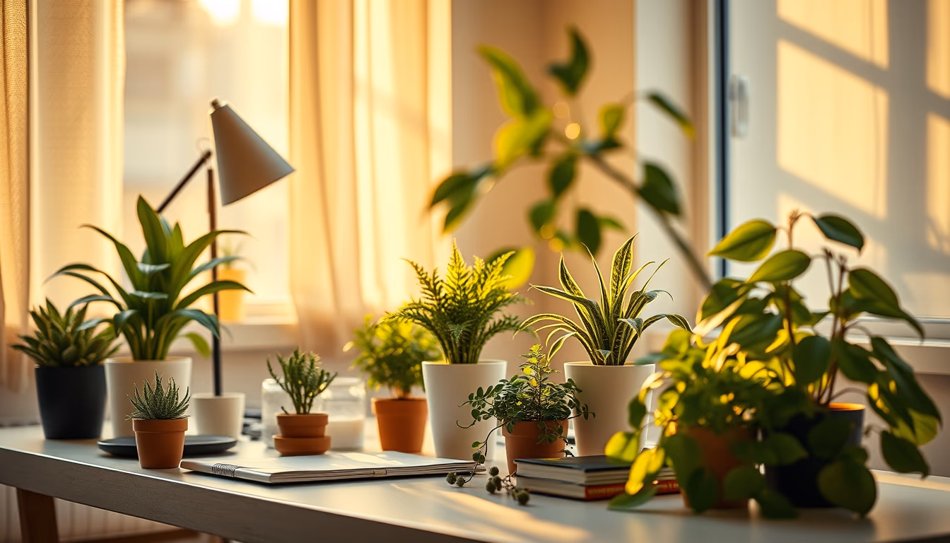 plants on desk wellness in editorial style
