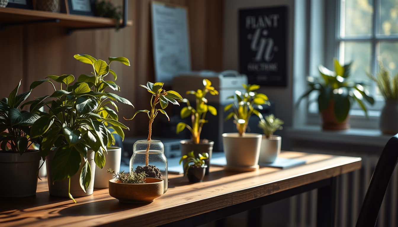 plants on desk wellness in editorial style