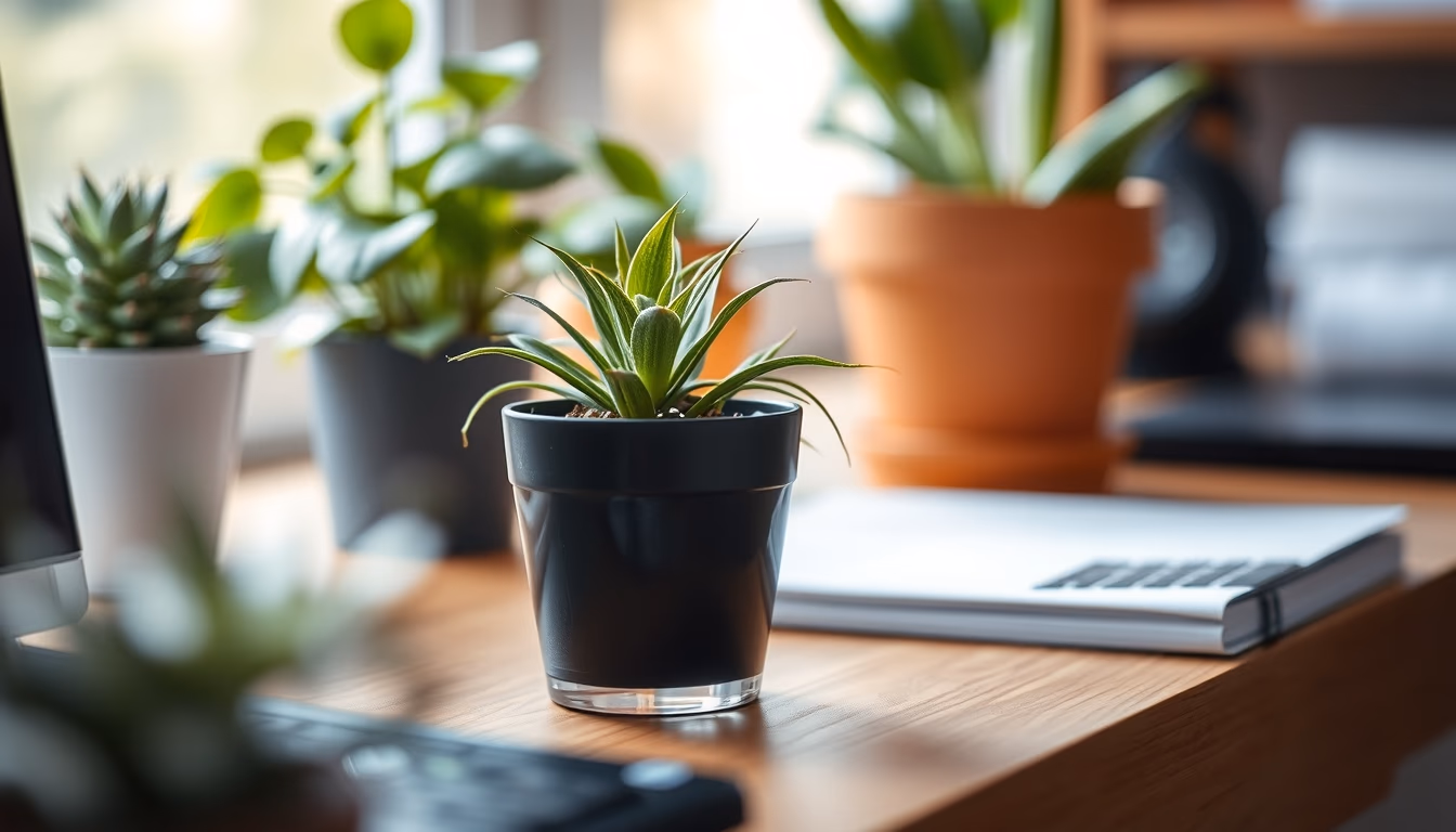 plants on desk wellness in editorial style