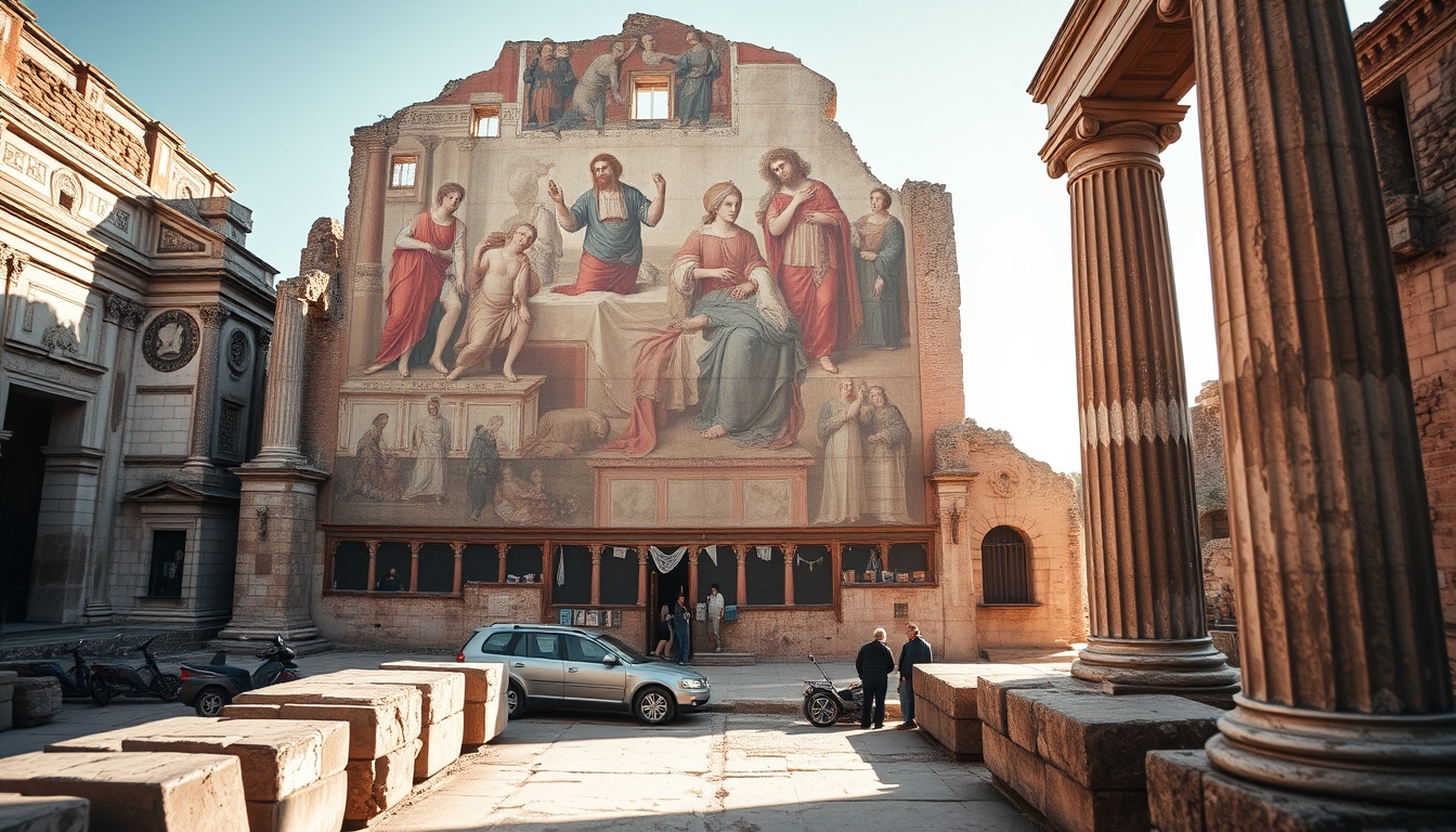 pompeii ruins fresco in editorial style