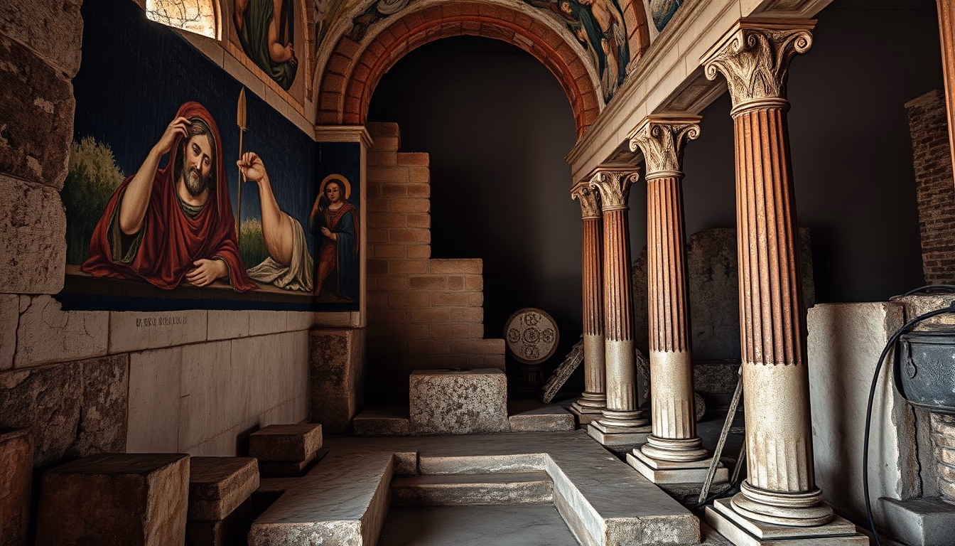 pompeii ruins fresco in editorial style