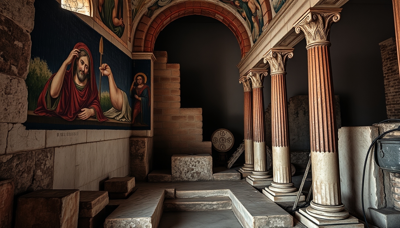 pompeii ruins fresco in editorial style