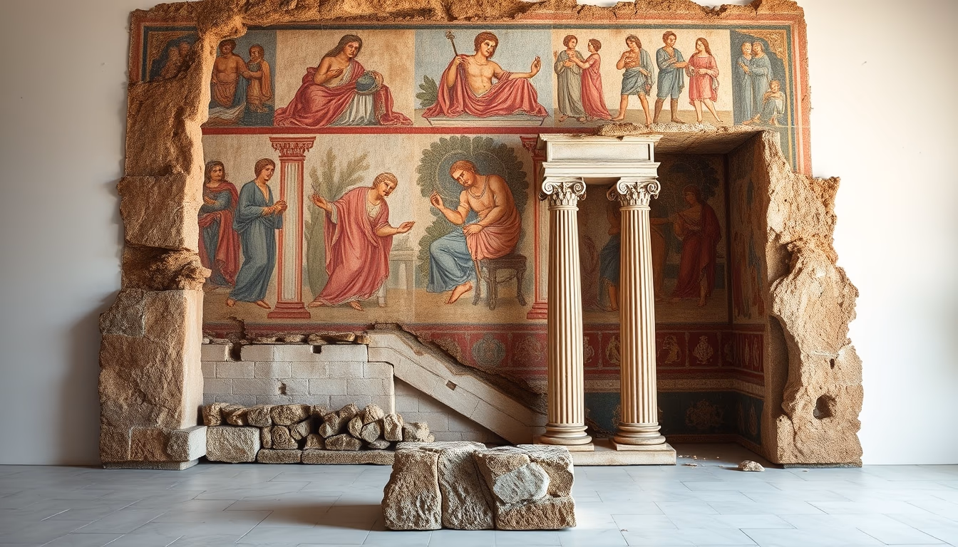 pompeii ruins fresco in editorial style