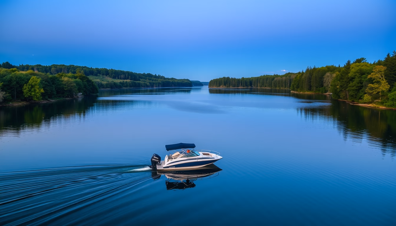 pontoon boat lake in editorial style