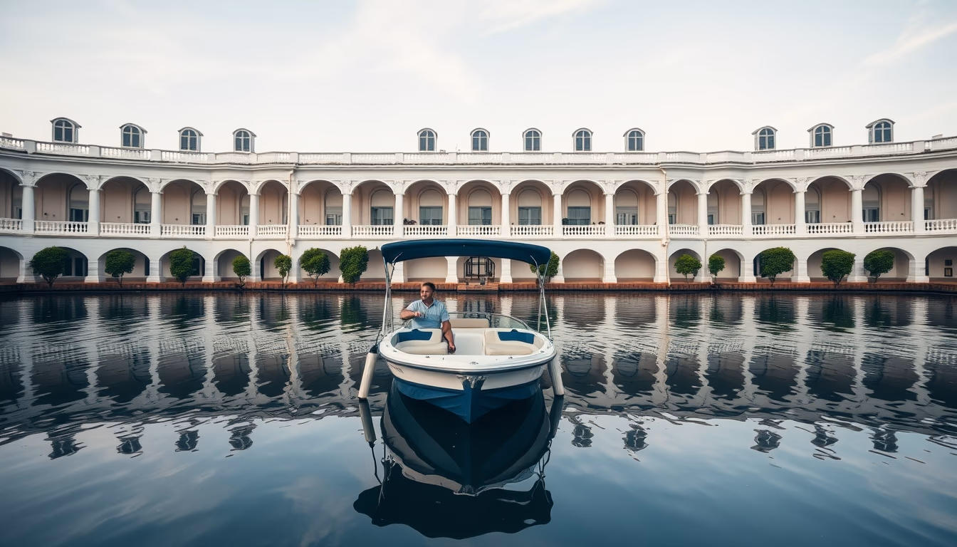 pontoon boat lake in editorial style
