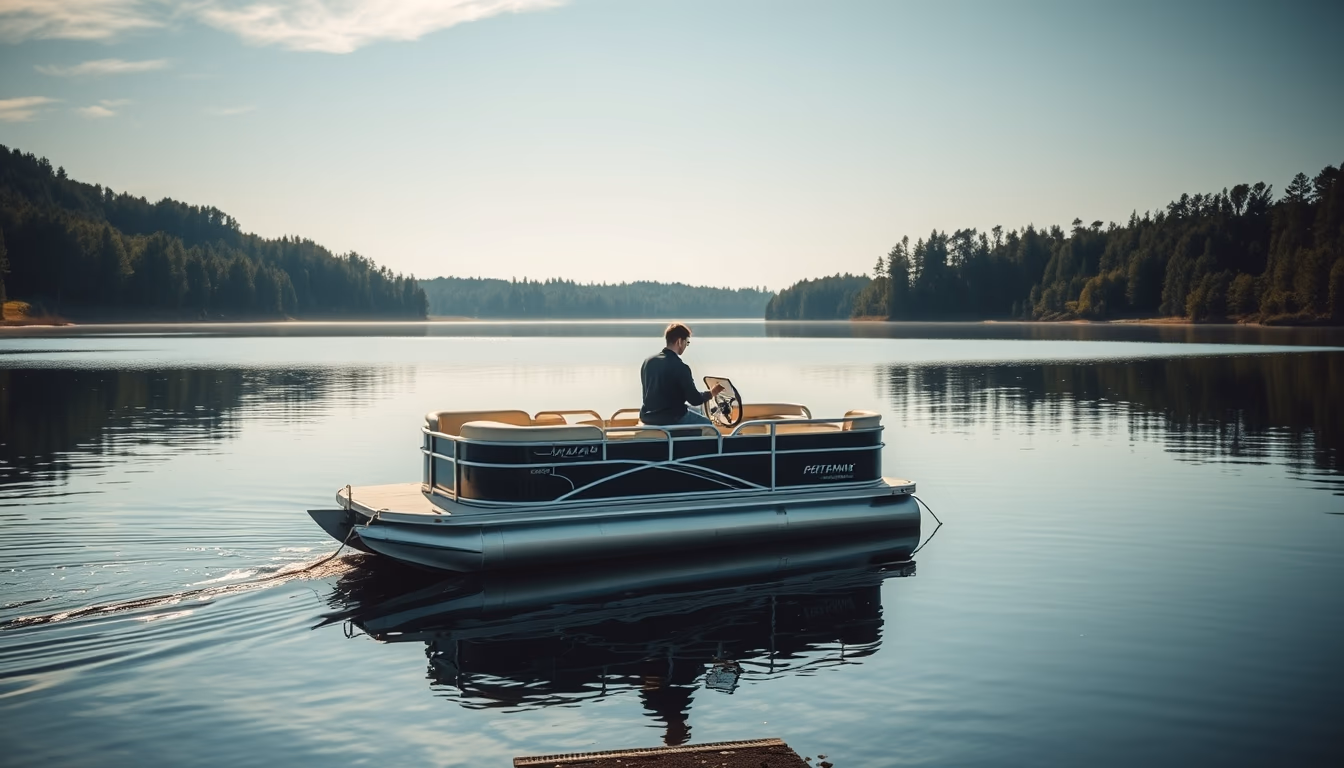 pontoon boat lake in editorial style