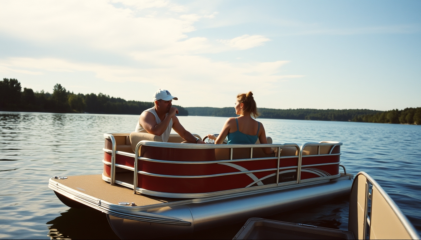 pontoon boat lake in editorial style