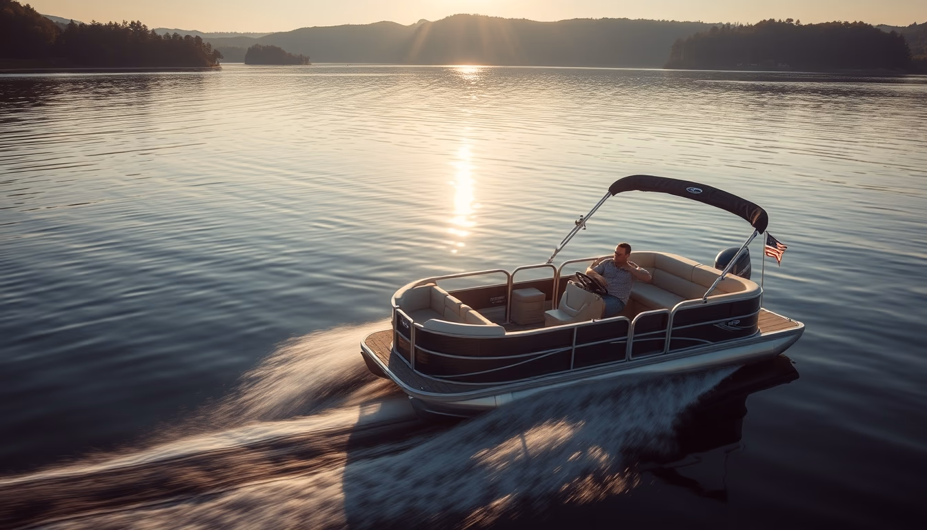 pontoon boat lake in editorial style