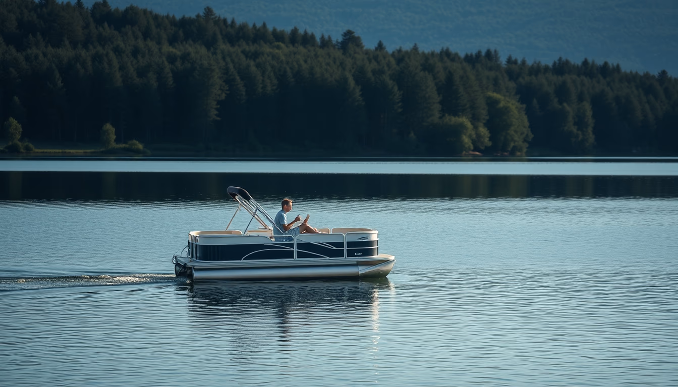 pontoon boat lake in editorial style