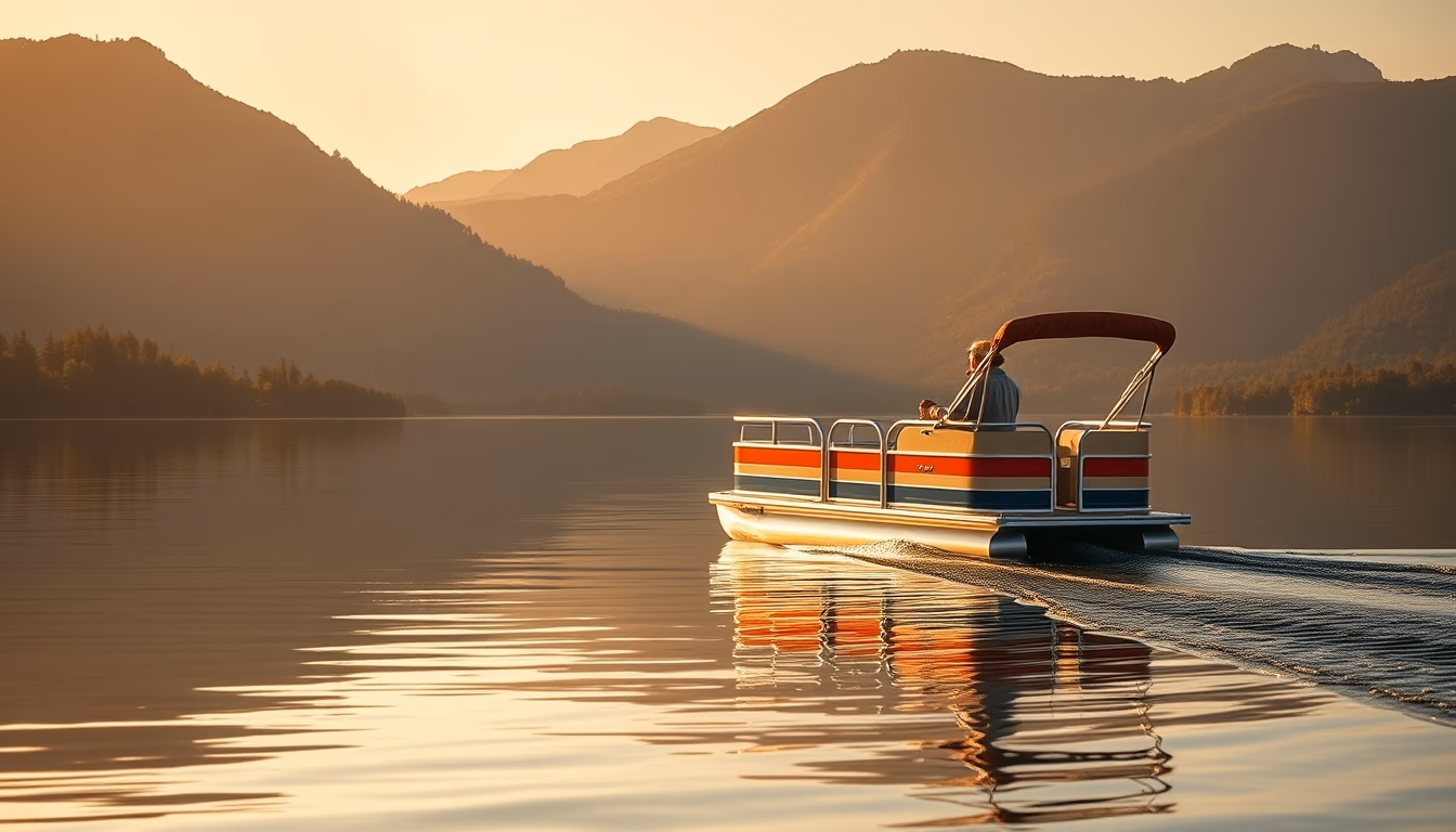 pontoon boat lake in editorial style