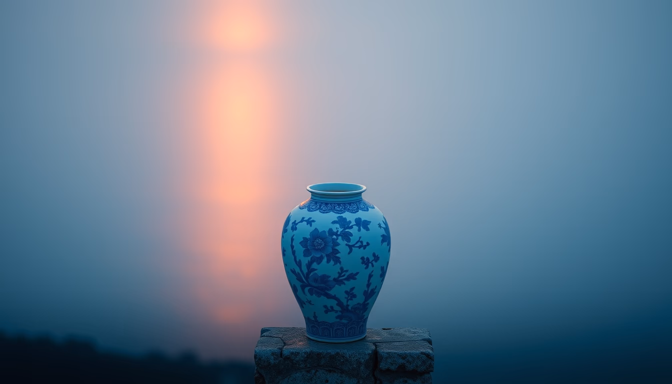 porcelain blue white vase in editorial style