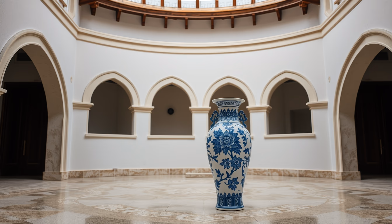 porcelain blue white vase in editorial style