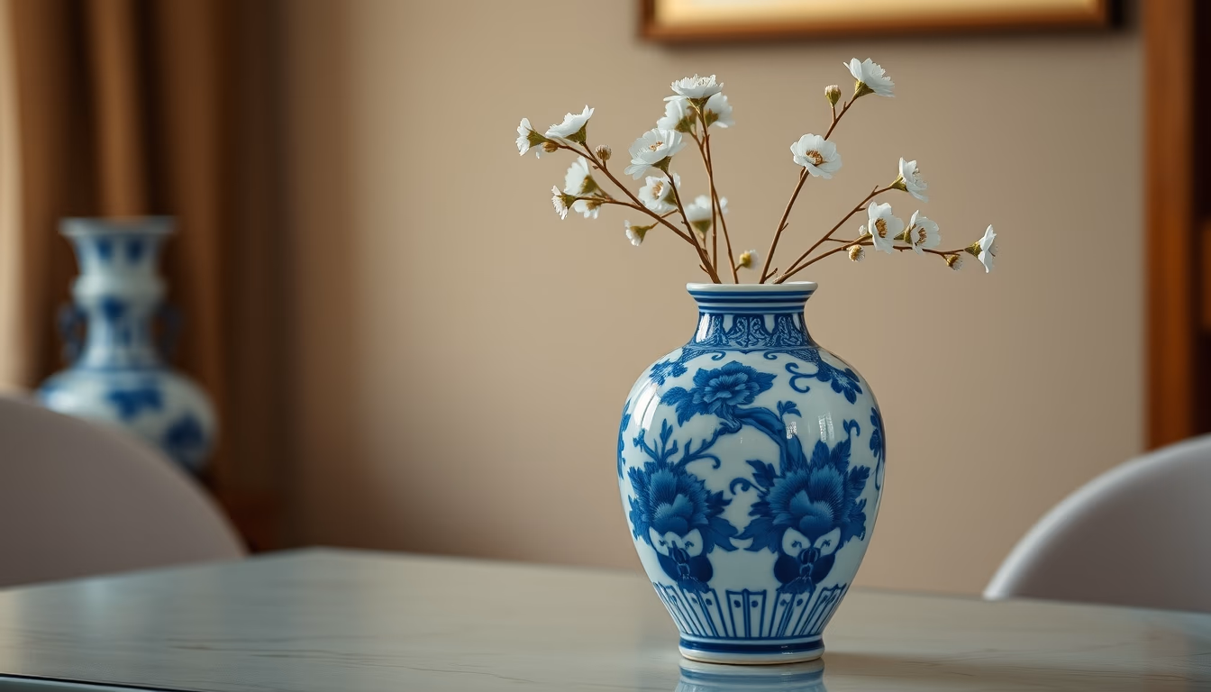porcelain blue white vase in editorial style