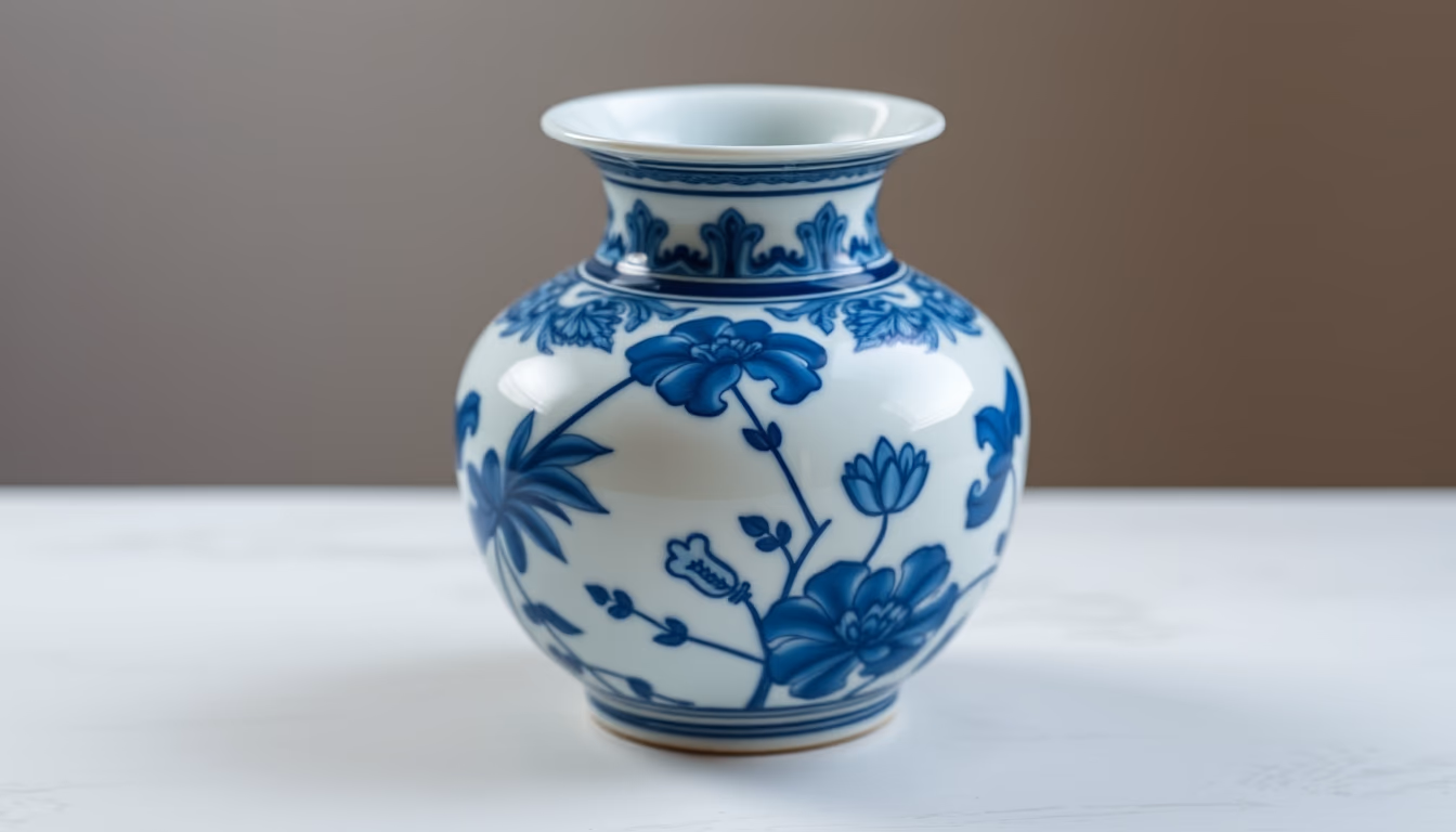 porcelain blue white vase in editorial style