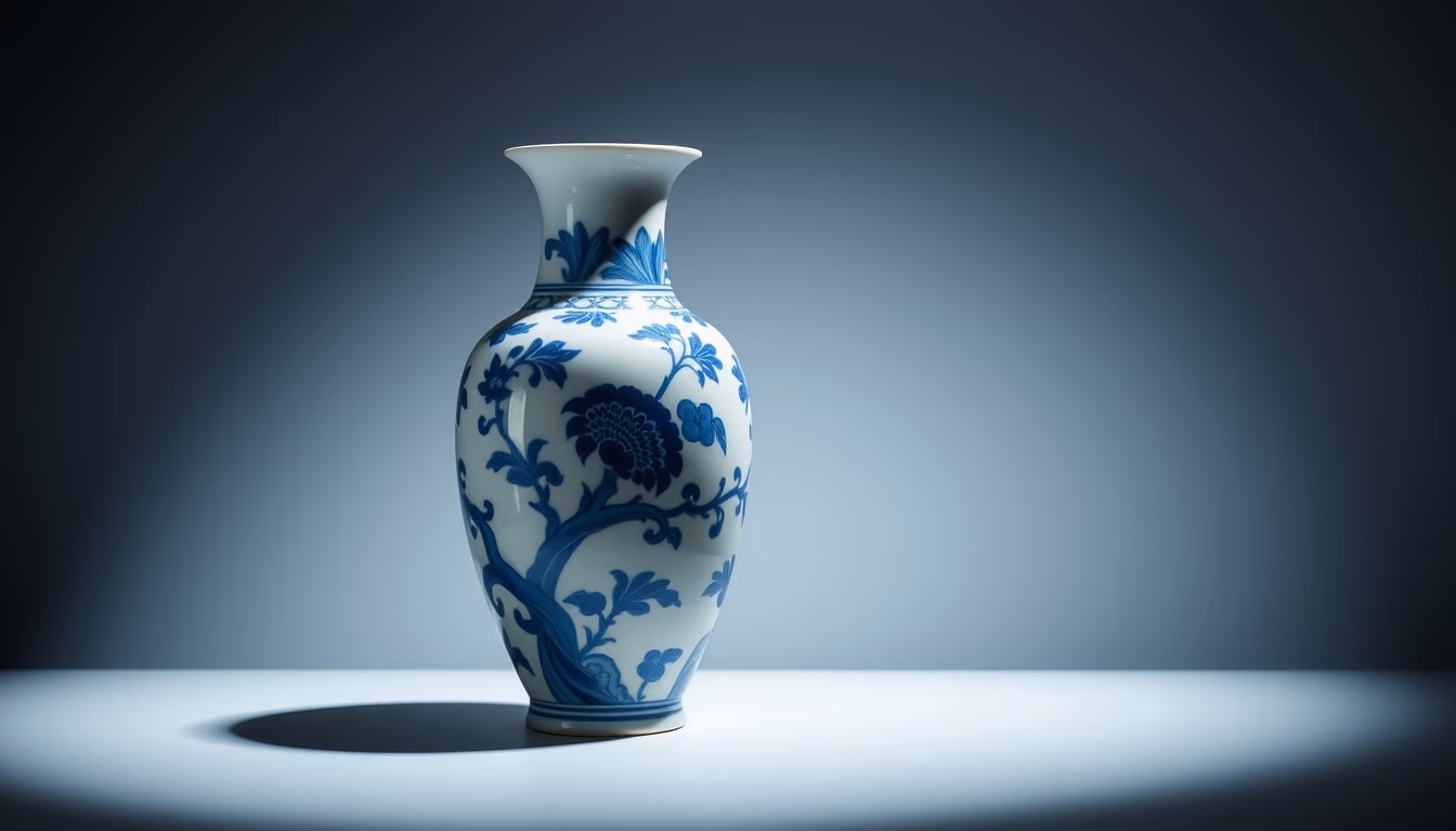porcelain blue white vase in editorial style