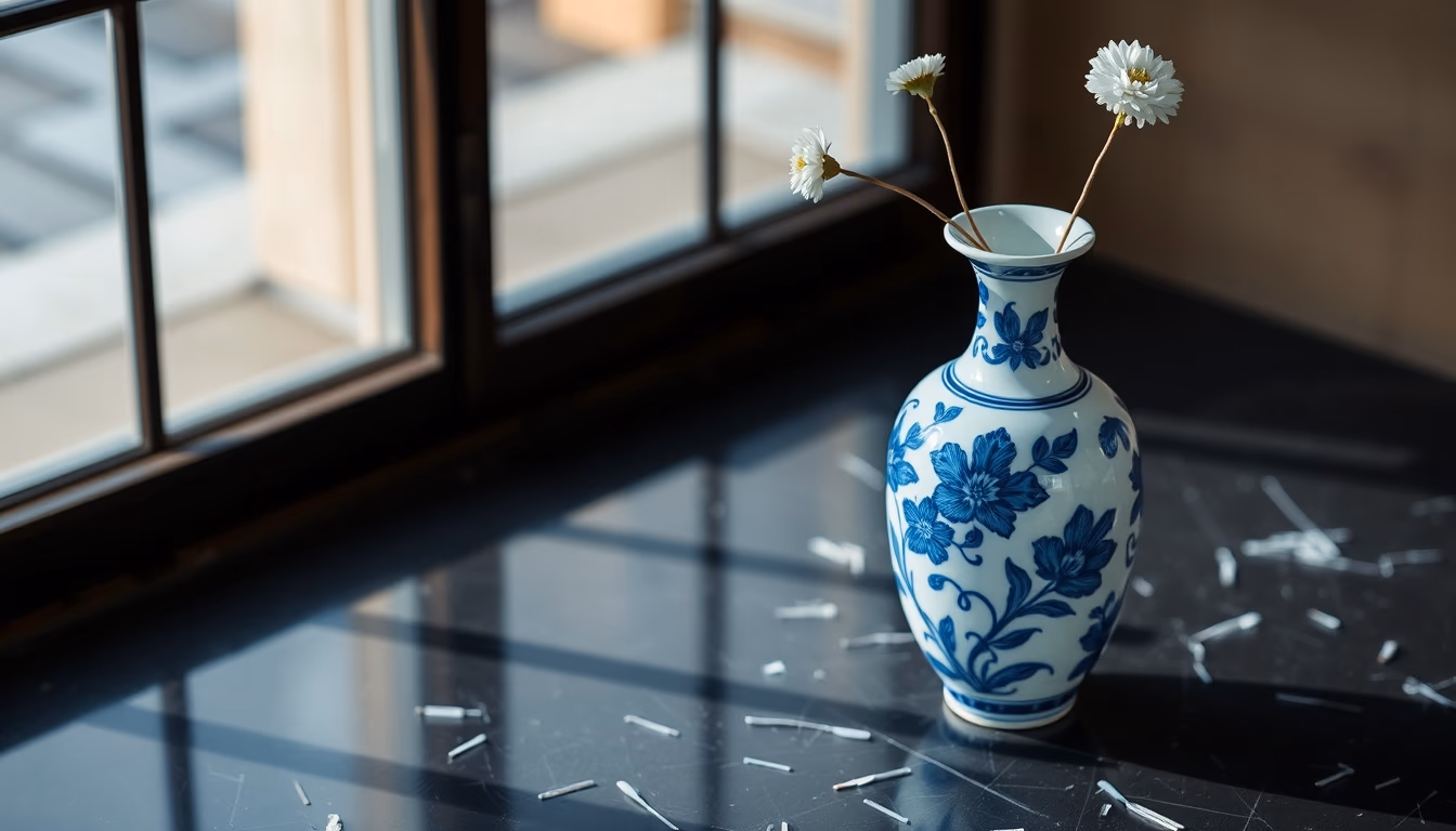 porcelain blue white vase in editorial style