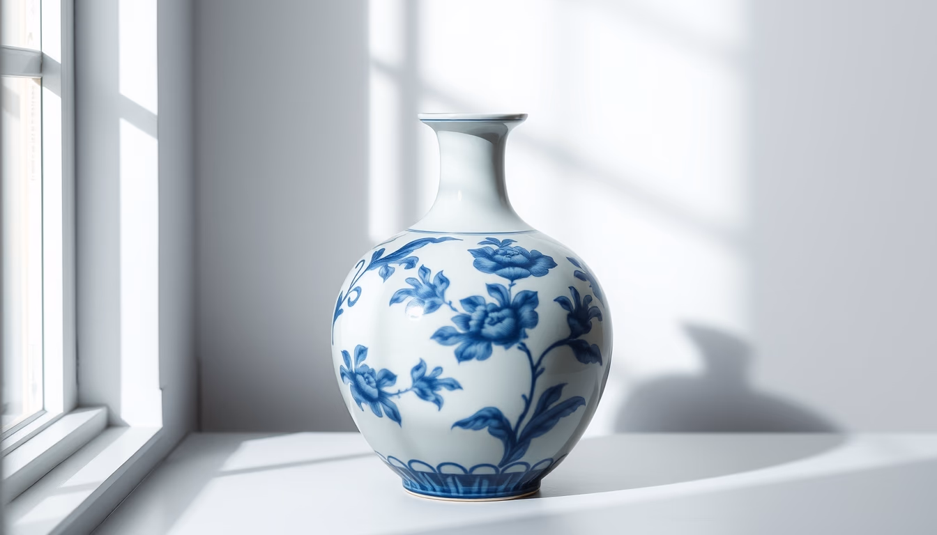 porcelain blue white vase in editorial style