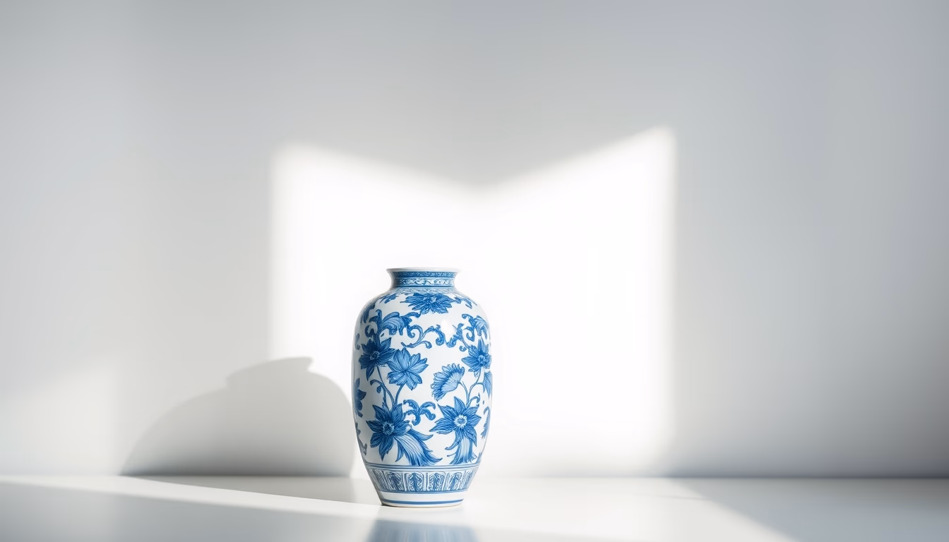 porcelain blue white vase in editorial style