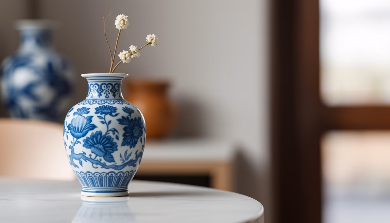 porcelain blue white vase in editorial style