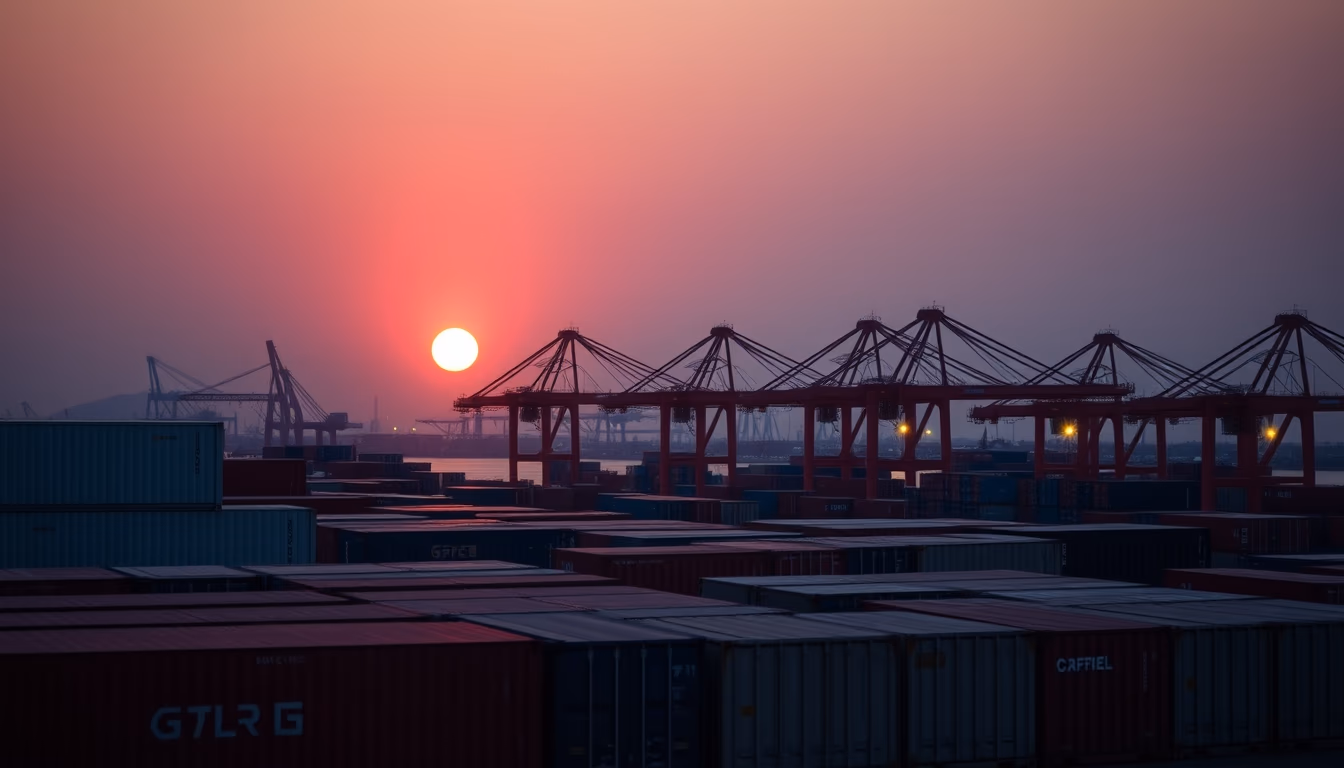 Port of Santos with cargo containers and cranes at sunset em estilo editorial