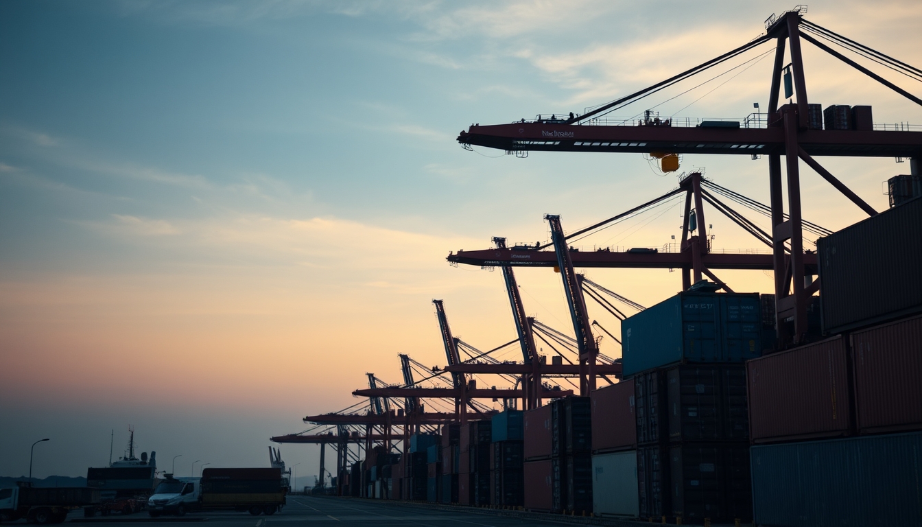 port of Santos with cargo containers and cranes at sunset in editorial style