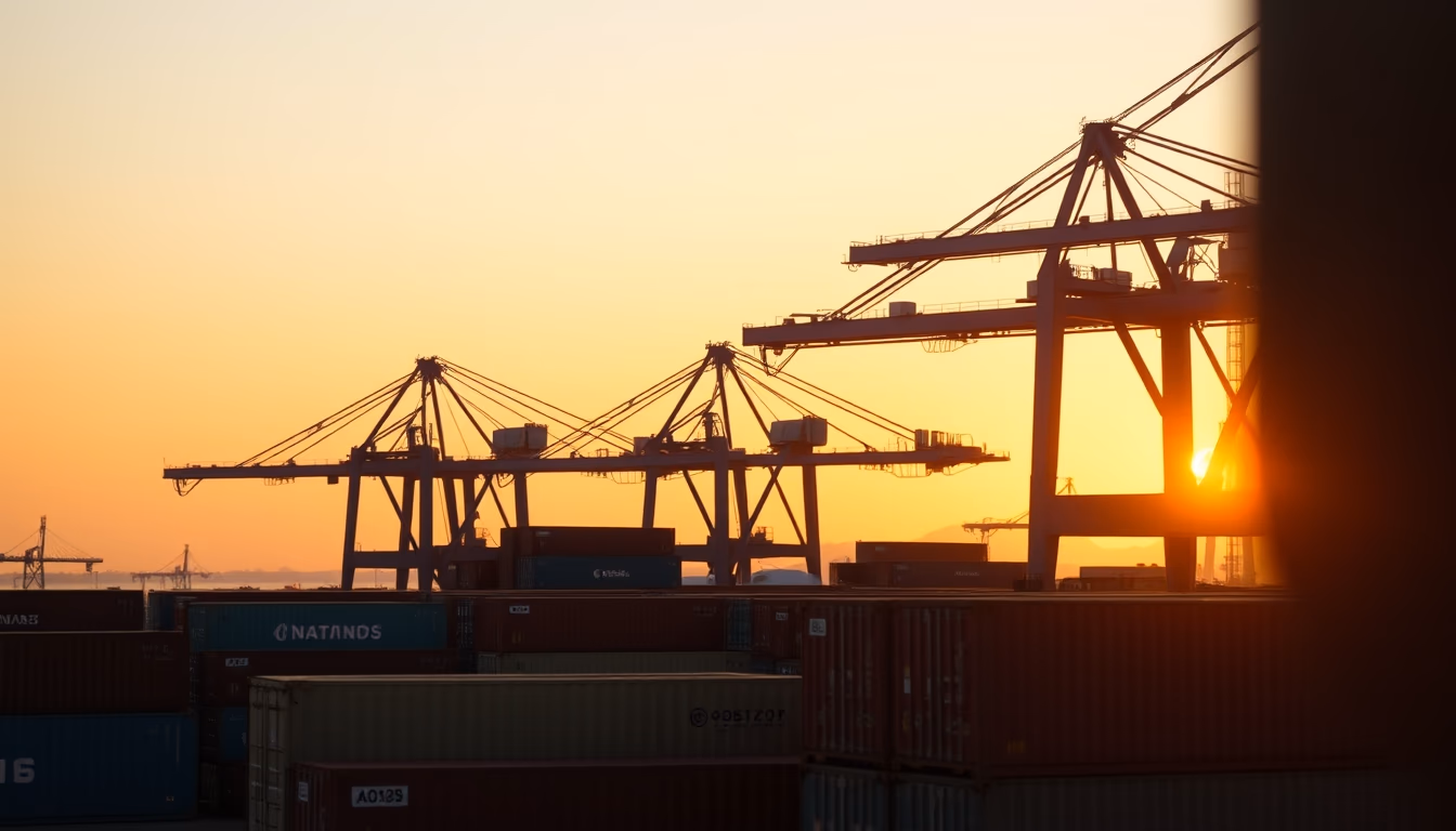 Port of Santos with cargo containers and cranes at sunset em estilo editorial