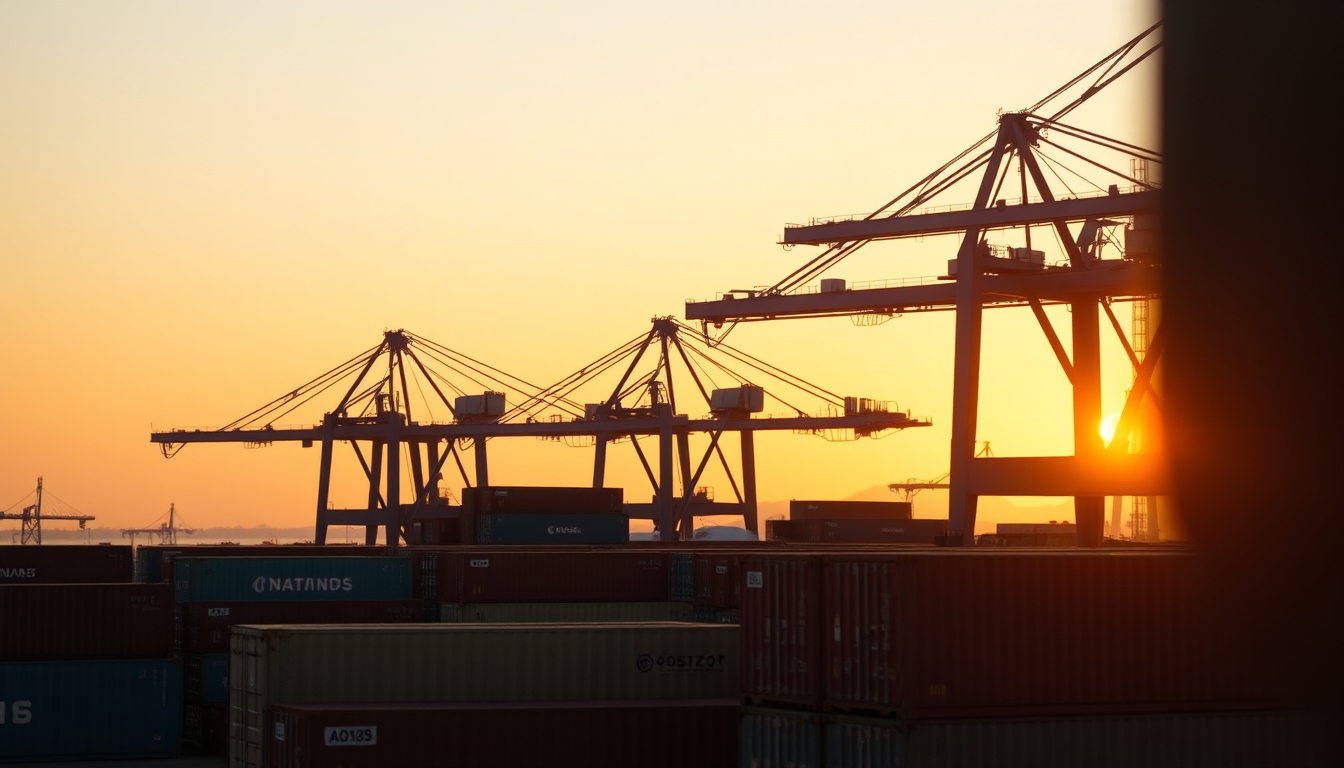 port of Santos with cargo containers and cranes at sunset in editorial style