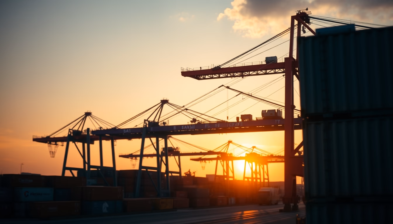 Port of Santos with cargo containers and cranes at sunset em estilo editorial