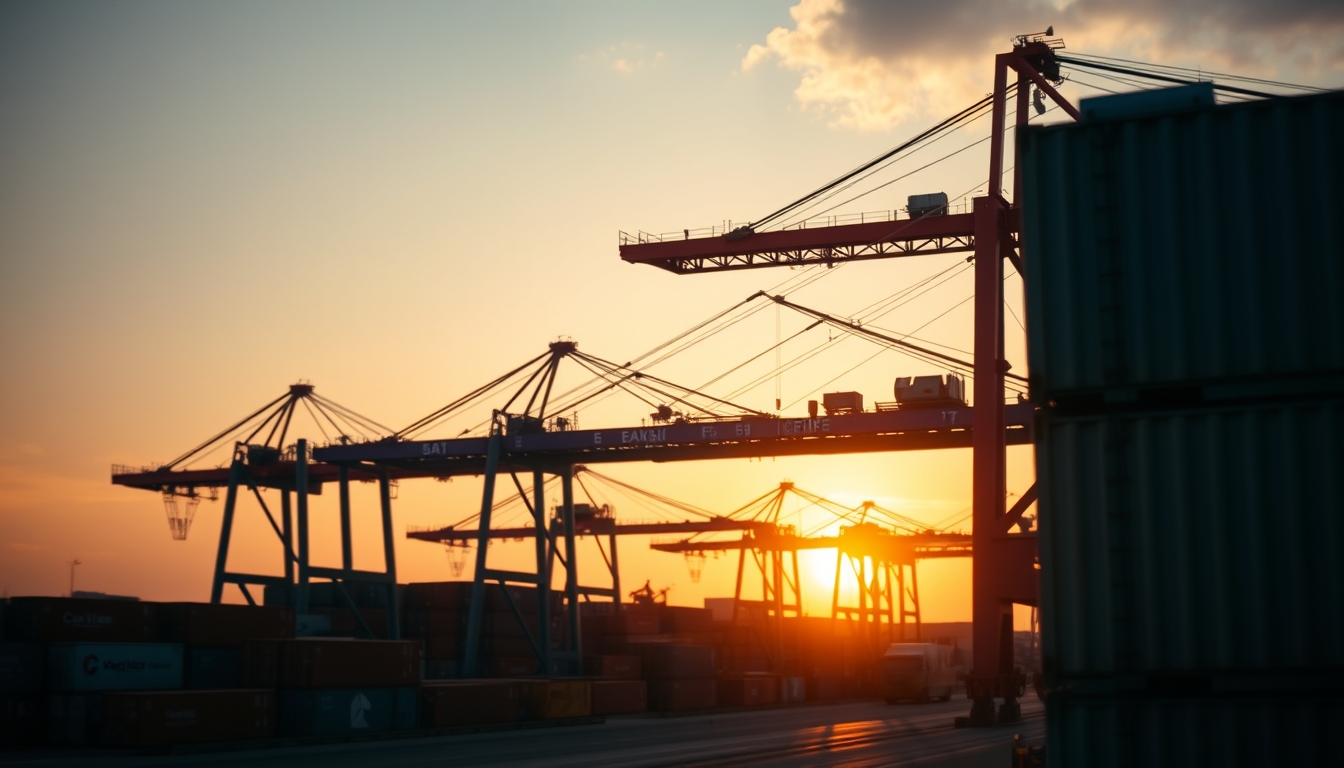 port of Santos with cargo containers and cranes at sunset in editorial style