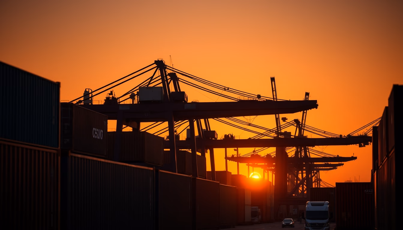 Port of Santos with cargo containers and cranes at sunset em estilo editorial