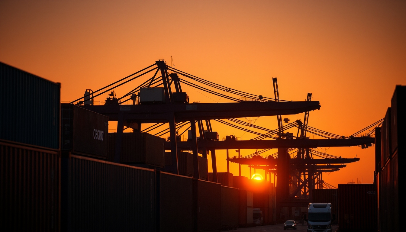 port of Santos with cargo containers and cranes at sunset in editorial style