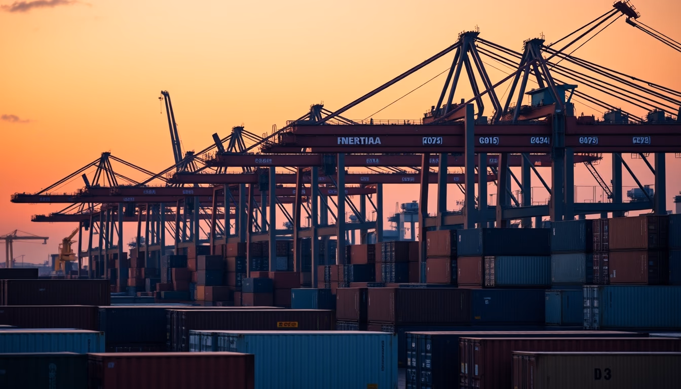 port of Santos with cargo containers and cranes at sunset in editorial style