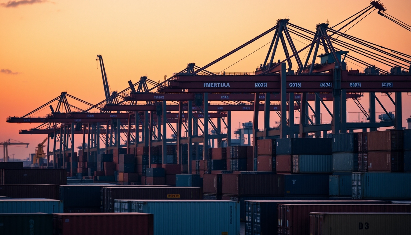 port of Santos with cargo containers and cranes at sunset in editorial style
