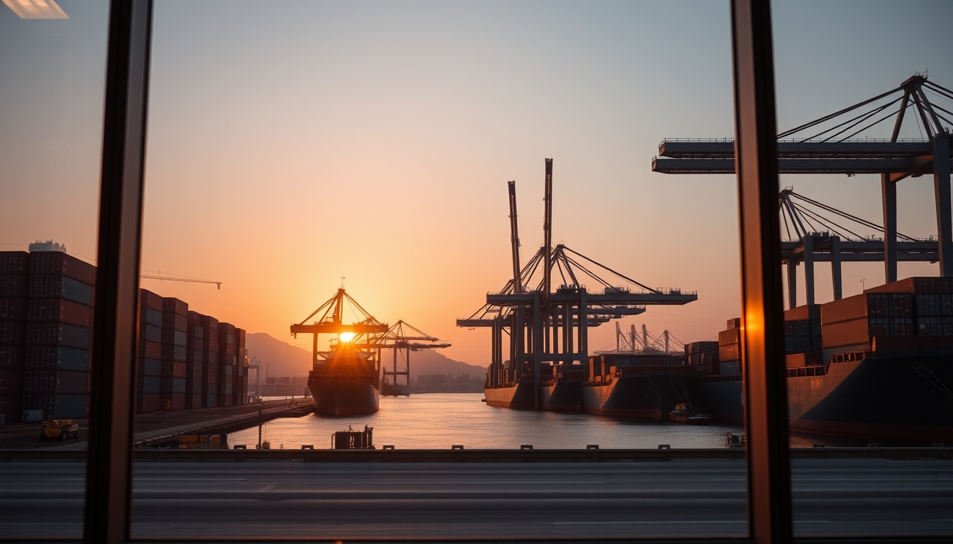 port of Santos with cargo containers and cranes at sunset in editorial style
