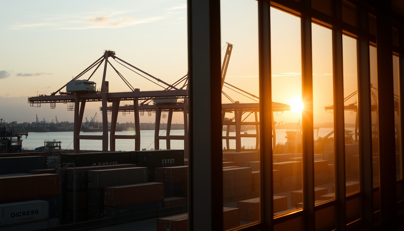 port of Santos with cargo containers and cranes at sunset in editorial style