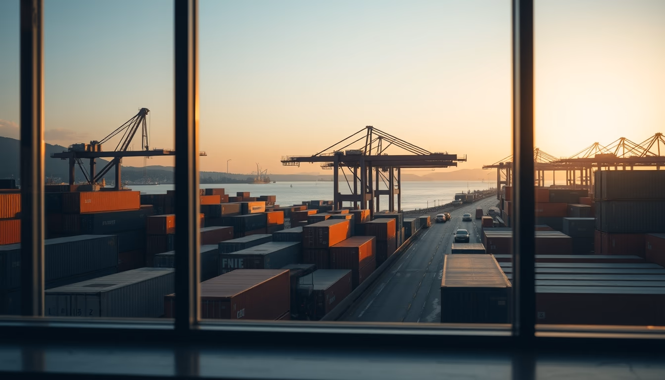 Port of Santos with cargo containers and cranes at sunset em estilo editorial