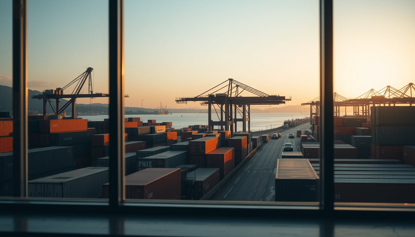 port of Santos with cargo containers and cranes at sunset in editorial style