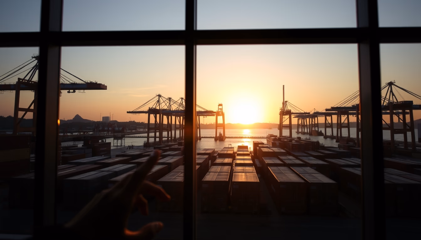 Port of Santos with cargo containers and cranes at sunset em estilo editorial